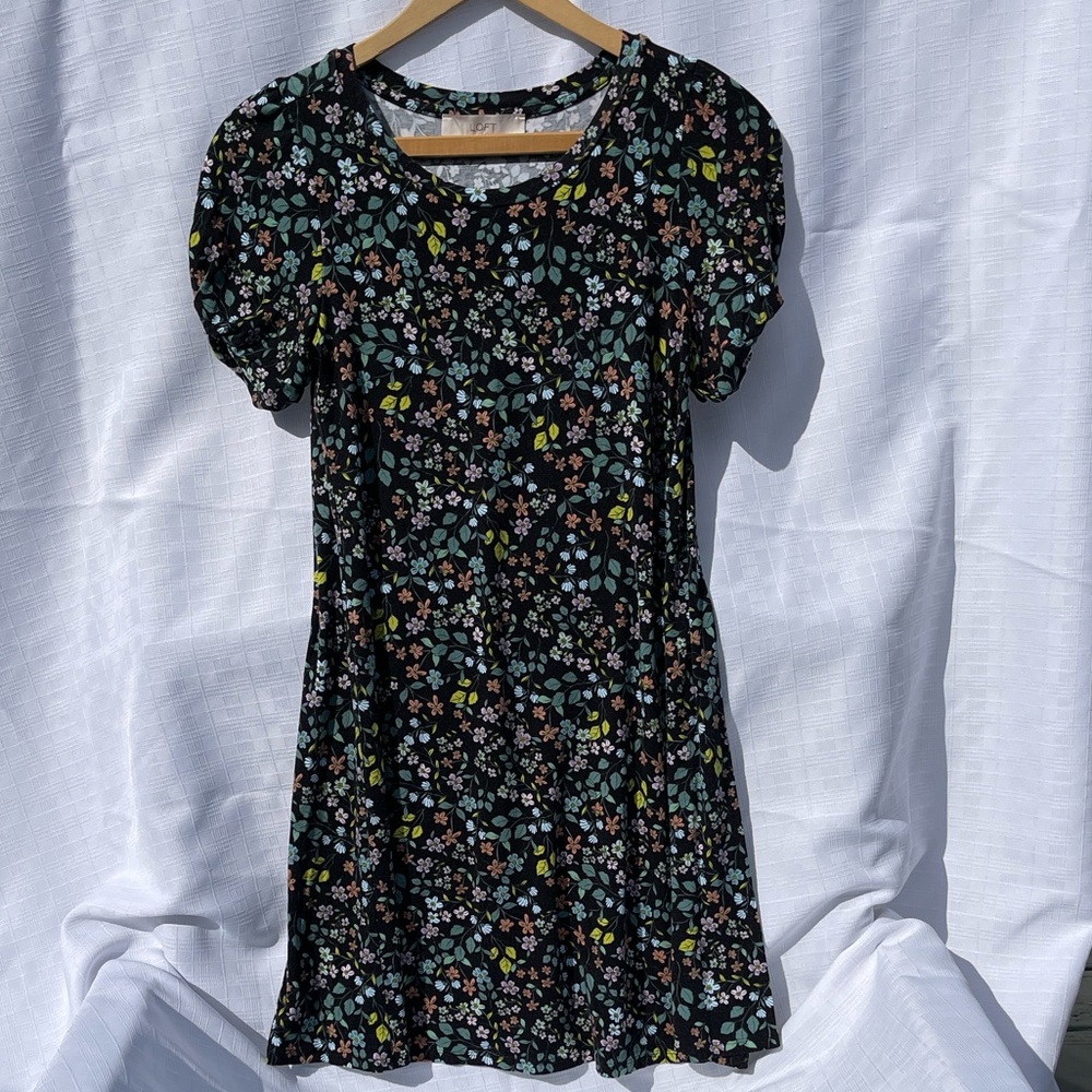 LOFT Shift Dress - Black with Green and Multicolor Floral